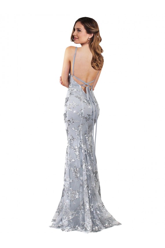 Outlet Argent Sirène Col V Crêpe Stretch Paillette Tulle Longue Formelles Robes demoiselle d'honneur / Robes de soirée / Robes de bal