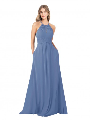Outlet Bleu Windsor Trapèze Col Haut Mousseline Longue Robes demoiselle d'honneur