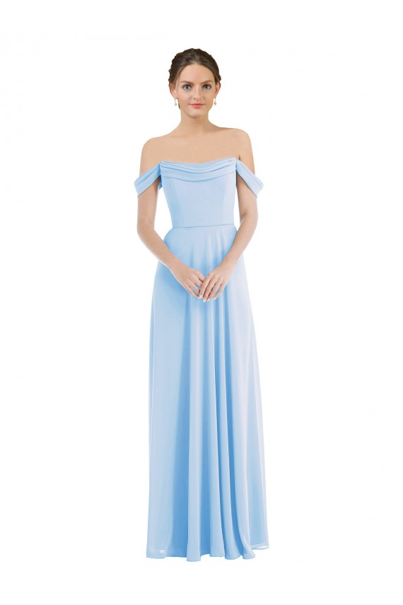 Outlet Bleu ciel clair Trapèze Épaule Dénudée Mousseline Longue Formelles Robes demoiselle d'honneur / Robes de soirée
