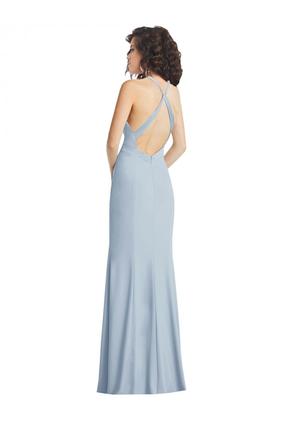 Outlet Bleu ciel clair Trompette Licou Col Haut Crêpe Stretch Longue Formelles Robes demoiselle d'honneur / Robes de soirée / Robes de bal