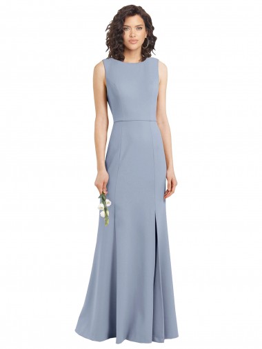 Outlet Bleu fumée Fourreau Col Bateau Col Haut Crêpe Stretch Longue Robes demoiselle d'honneur