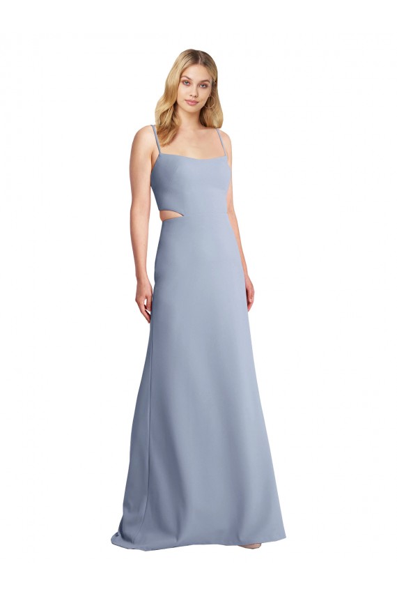 Outlet Bleu fumée Trapèze Bretelles spaghetti Scoop Crêpe Stretch Longue Robes demoiselle d'honneur / Robes de bal