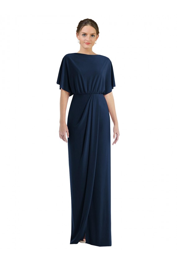 Outlet Bleu marine foncé Fourreau Bateau Spandex Longue Robes demoiselle d'honneur / Robes de bal