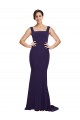 Outlet Bleu marine foncé Fourreau Col Carré Balayage train Crêpe Stretch Longue Robes demoiselle d'honneur / Robes de bal