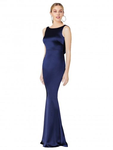 Outlet Bleu marine foncé Fourreau Licou Col Haut Satiné Stretch Longue Formelles Robes demoiselle d'honneur / Robes de soirée / Robes de bal