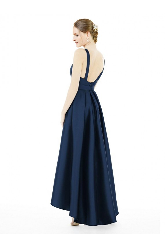 Outlet Bleu marine foncé Trapèze Bateau Satiné Longue Asymétrique Robes demoiselle d'honneur