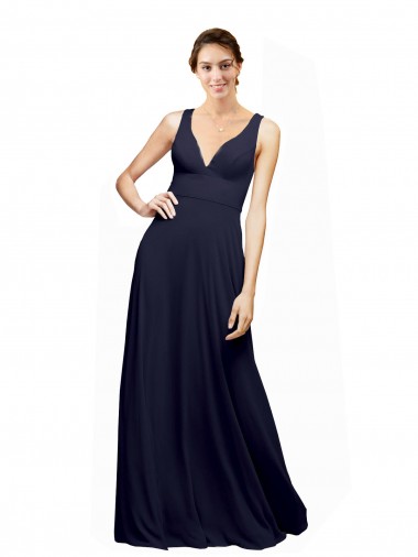Outlet Bleu marine foncé Trapèze Col V Mousseline Longue Robes demoiselle d'honneur