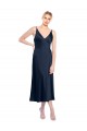 Outlet Bleu marine foncé Trapèze Col V midi Satiné Stretch Courte Robes demoiselle d'honneur / Robes de soirée / Robes de cocktail