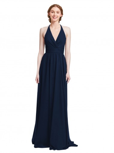 Outlet Bleu marine foncé Trapèze Licou Col V Mousseline Longue Robes demoiselle d'honneur
