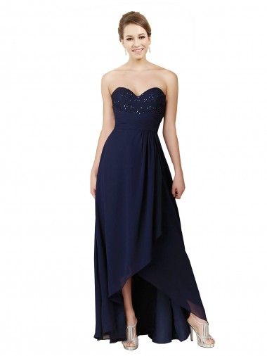 Outlet Bleu marine foncé Trapèze Mousseline Longue Asymétrique Robes demoiselle d'honneur