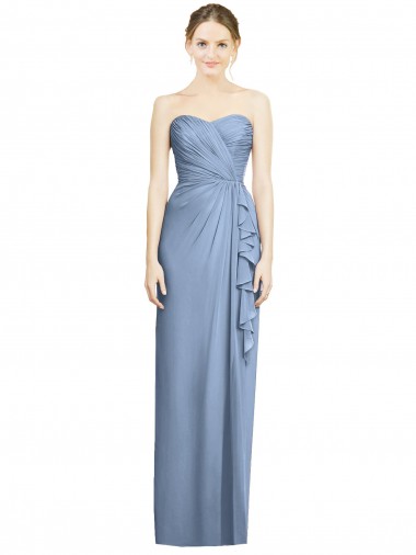 Outlet Bleu poussiéreux Fourreau Sans bretelle Mousseline Longue Robes demoiselle d'honneur