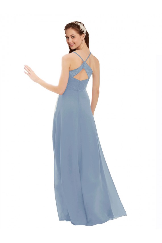 Outlet Bleu poussiéreux Trapèze Bretelles spaghetti Col V Mousseline Dentelle Longue Robes demoiselle d'honneur
