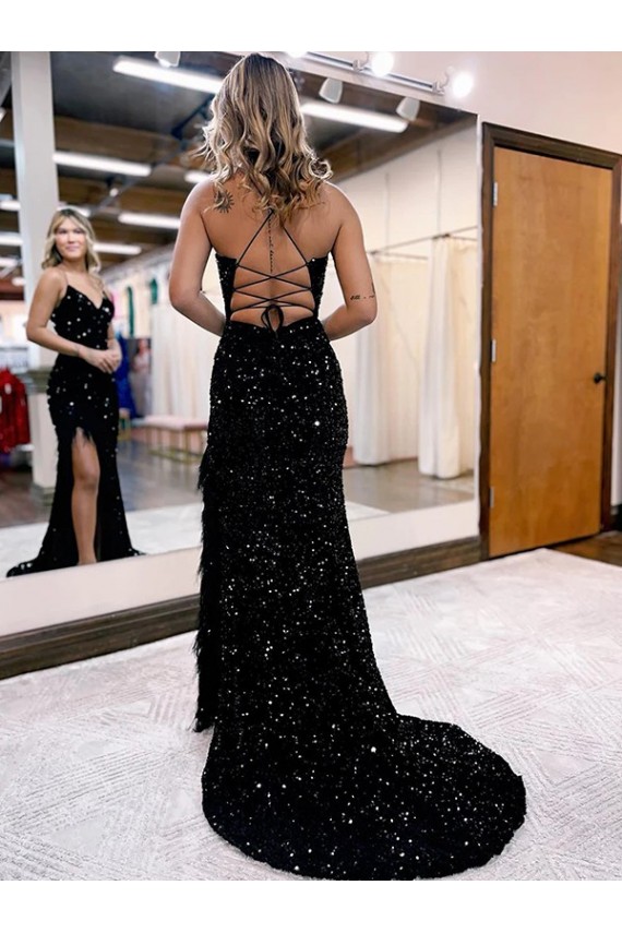 Outlet Bleu roi Fourreau Col V Balayage train Paillettes Velours Longue Robes de bal