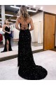Outlet Bleu roi Fourreau Col V Balayage train Paillettes Velours Longue Robes de bal