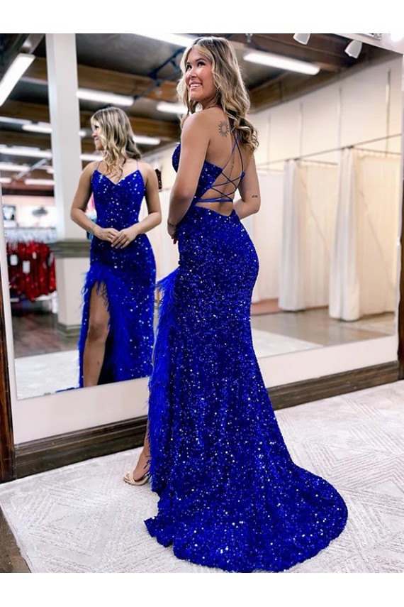 Outlet Bleu roi Fourreau Col V Balayage train Paillettes Velours Longue Robes de bal