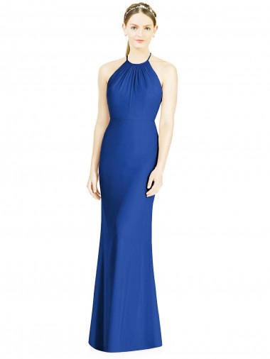 Outlet Bleu roi Trompette Licou Col Haut Mousseline Longue Robes demoiselle d'honneur