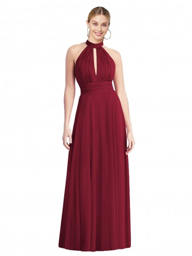 Outlet Bordeaux Trapèze Licou Col Haut Mousseline Longue Robes demoiselle d'honneur