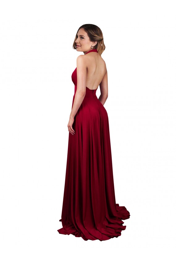 Outlet Bordeaux Trapèze Licou Col V Spandex Longue Formelles Robes demoiselle d'honneur / Robes de soirée / Robes de bal