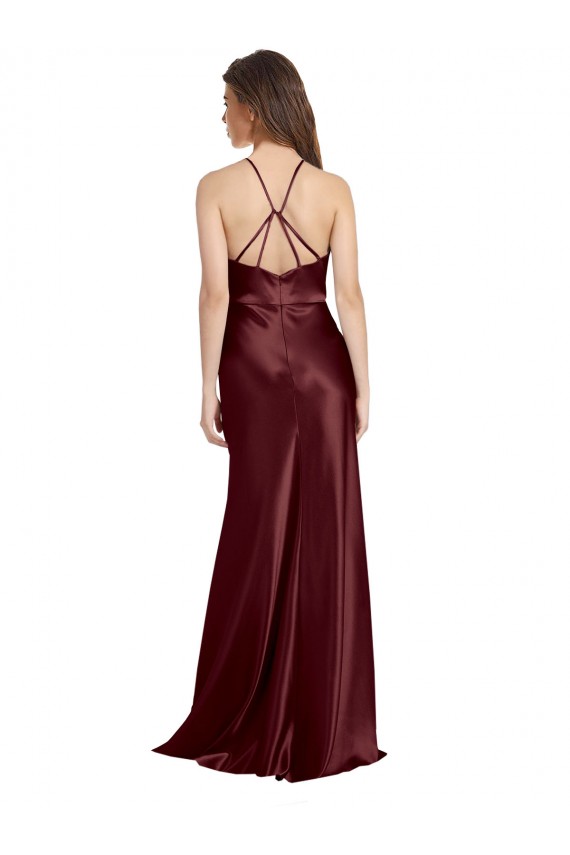 Outlet Bordeaux foncé Trapèze Bretelles spaghetti Col V Satiné Stretch Longue Formelles Robes demoiselle d'honneur / Robes de soirée / Robes de bal