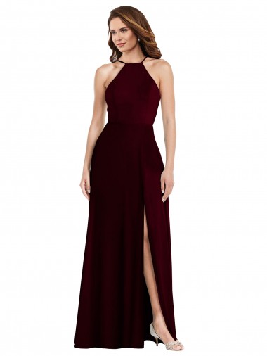 Outlet Bordeaux foncé Trapèze Bretelles spaghetti Mousseline Longue Robes demoiselle d'honneur