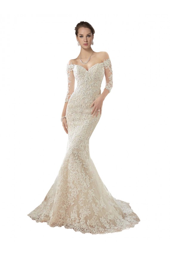 Outlet Ivoire & Champagne Sirène Épaule Dénudée Tulle Dentelle Robes de mariée