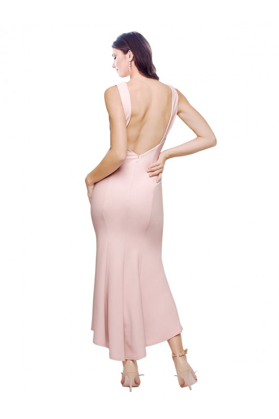 Outlet Rose Fourreau Col Haut midi Crêpe Stretch Courte Asymétrique Robes demoiselle d'honneur / Robes de soirée / Robes de cocktail