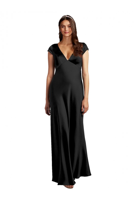 Outlet Noir Trapèze Col V Satiné Stretch Longue Formelles Robes demoiselle d'honneur / Robes de soirée / Robes de bal