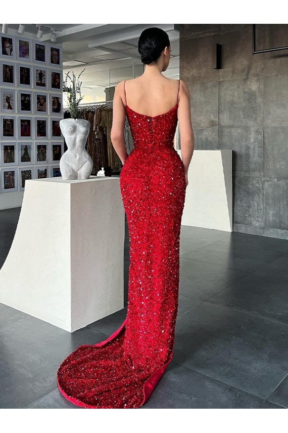 Outlet Rouge Fourreau Col V Balayage train Paillettes Velours Longue Robes de bal