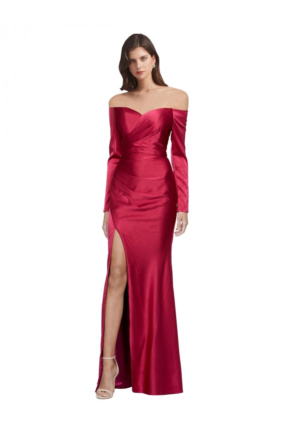 Outlet Rouge foncé Fourreau Satiné Stretch Longue Formelles Robes demoiselle d'honneur / Robes de soirée / Robes de bal