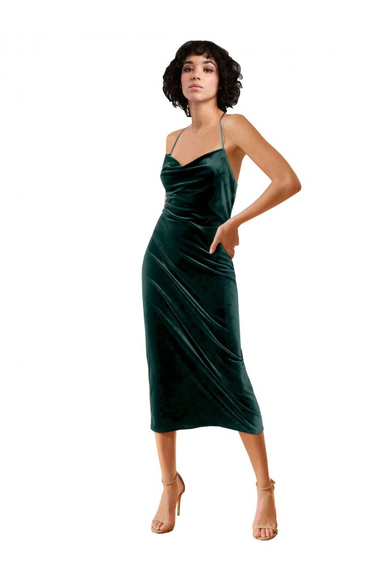 Outlet Vert foncé Fourreau Bretelles spaghetti midi Velours Stretch Courte Robes demoiselle d'honneur / Robes de soirée / Robes de cocktail