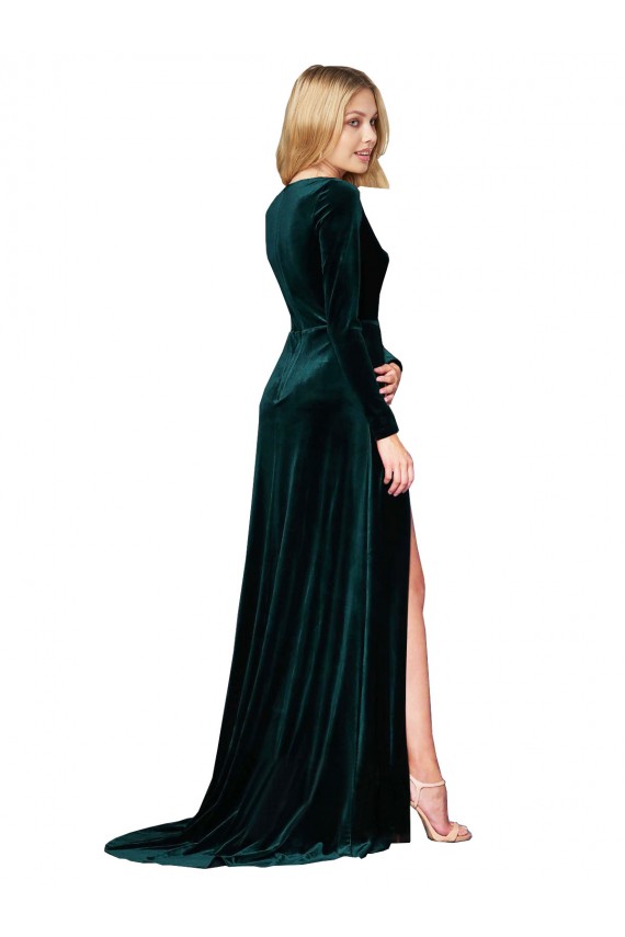Outlet Vert foncé Trapèze Col V Balayage train Velours Stretch Longue Formelles Robes demoiselle d'honneur / Robes de soirée / Robes de bal